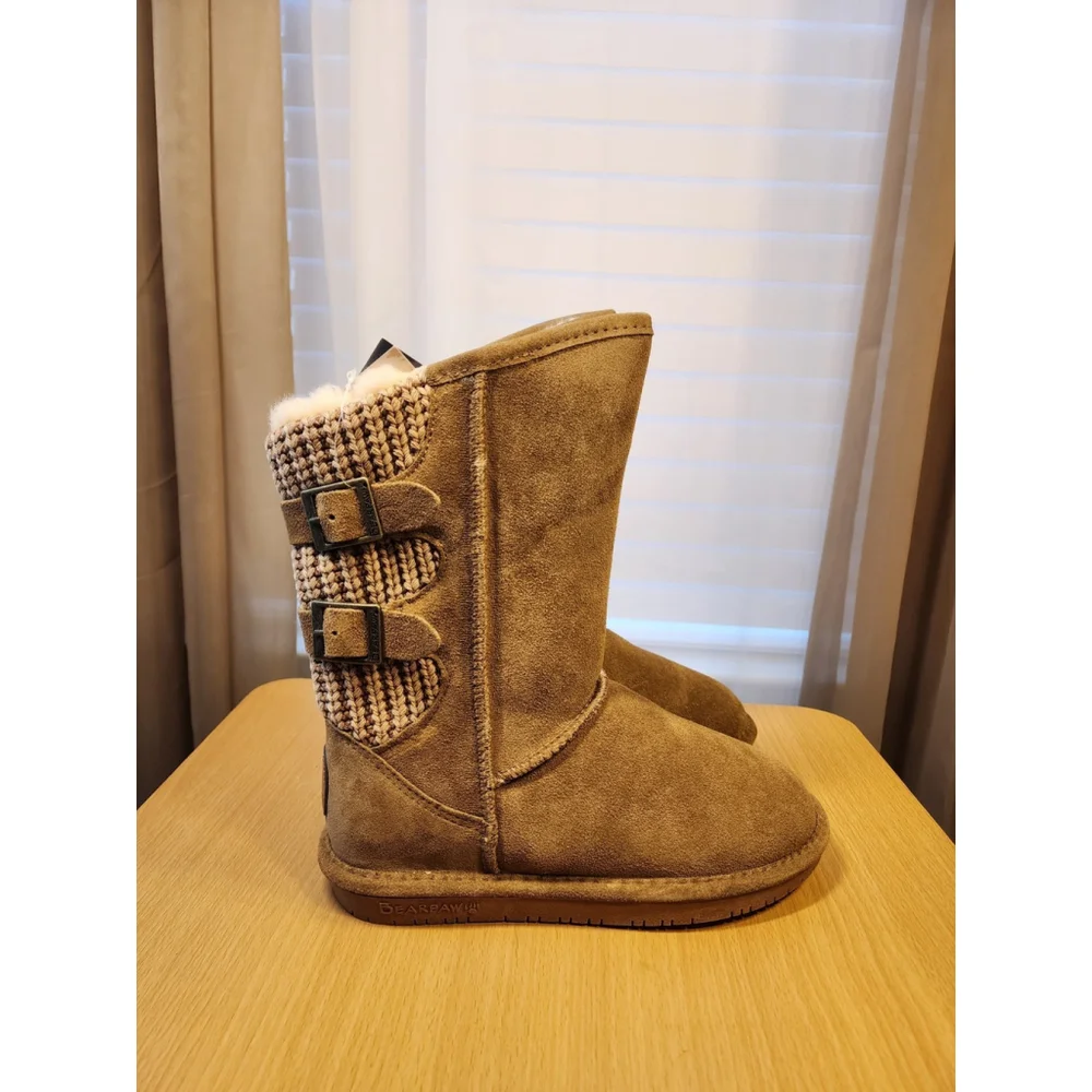 Bearpaw Classic Casual Cozy Fur Lined Leather Sweater Knit Winter Boots 7 WIDE